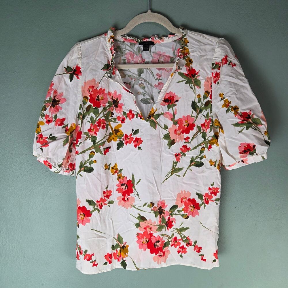 Ann Taylor Factory Womens White Floral Print V-Neck SS Blouse Size Large